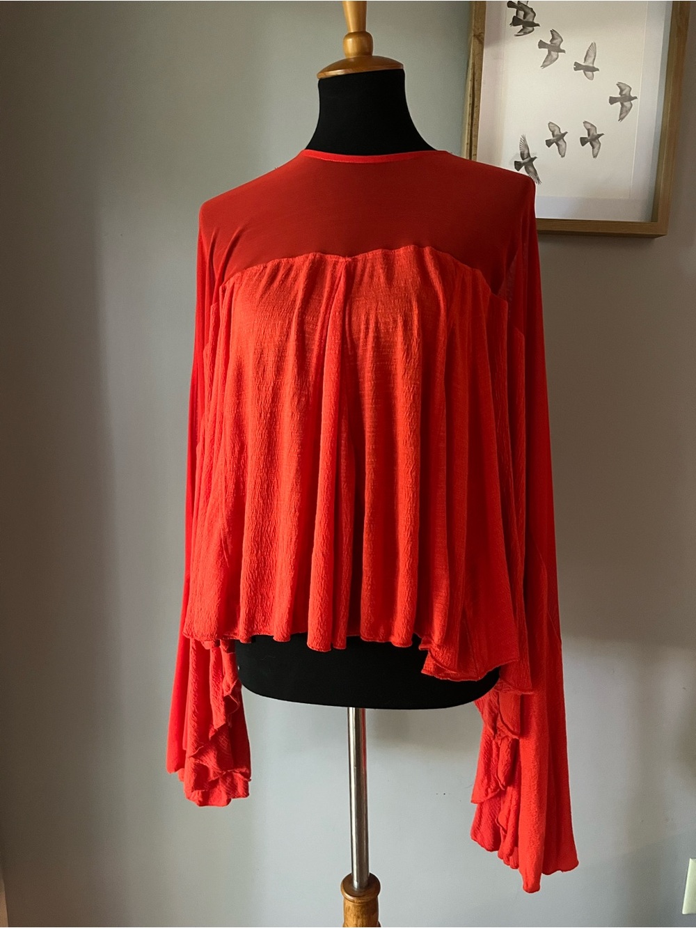 Free People Bell Sleeve Gauze Swing Top Sheer Yoke Coral Red Small